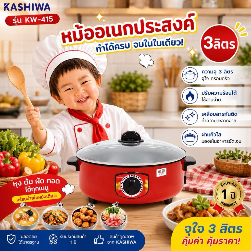 Kashiwa กระทะไฟฟ้าอเนกประสงค์ รุ่น KW-415 สีแดง ขนาด 3 ลิตร พร้อมฝาปิด ขนาด 32 cm กระทะ กระทะแดง